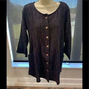 Soft Surroundings Black 3/4 Sleeve Pockets Semi Fitted Button Down Tunic Top SM.